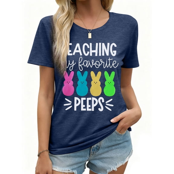 DEXIO Teaching My Favorite Peeps Easter Shirt for Women Easter Teacher T-Shirt Funny Bunny Graphic Tee Top