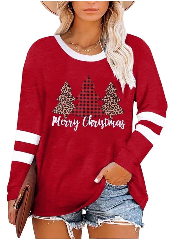 Women Plus Size Merry Christmas Shirt Plaid Leopard Tree Tee Oversized Xmas Casual Holiday Long Sleeve Tops, Red,5X