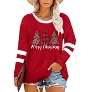 DEXIO Women Plus Size Merry Christmas Shirt Plaid Leopard Tree Shirt Oversized Xmas Casual Holiday Long Sleeve Tee Top, Red