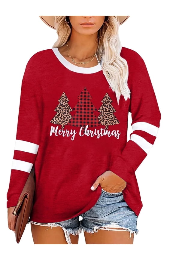 Women Plus Size Merry Christmas Shirt Plaid Leopard Tree Shirt Oversized Xmas Casual Holiday Long Sleeve Tee Top, Red,4X