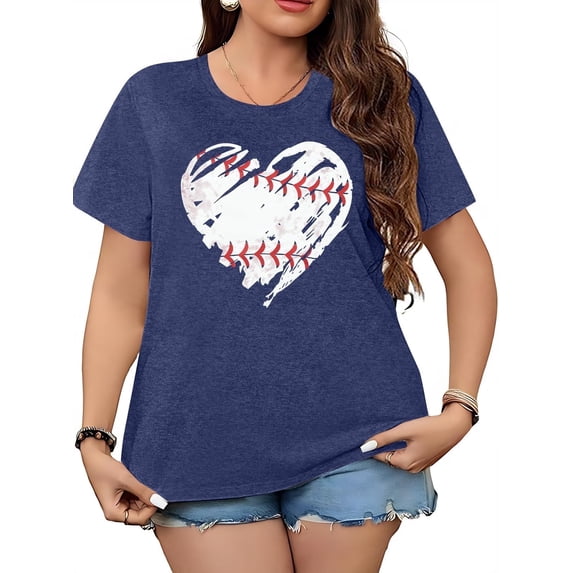 DEXIO Plus Size Baseball Shirts Women Baseball Mom Tshirt Cute Heart Graphic Softball Tee Game Day Gifts Funny Short Sleeve Tops