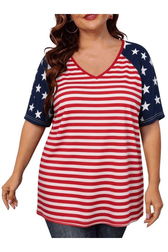 Women Plus-Size Tops V Neck T Shirts Plus Size Women American Flag Shirt Flag Striped Star Graphic 4th of July Tops Independence Day Tee,3X