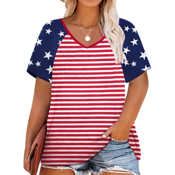 DEXIO Women Plus-Size Tops V Neck T Shirts Plus Size Women American Flag Shirt Flag Striped Star Graphic 4th of July Tops Independence Day Tee,2X