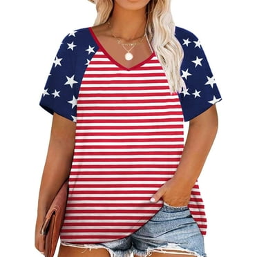 DEXIO Women Plus-Size Tops V Neck T Shirts Plus Size Women American Flag Shirt Flag Striped Star Graphic 4th of July Tops Independence Day Tee