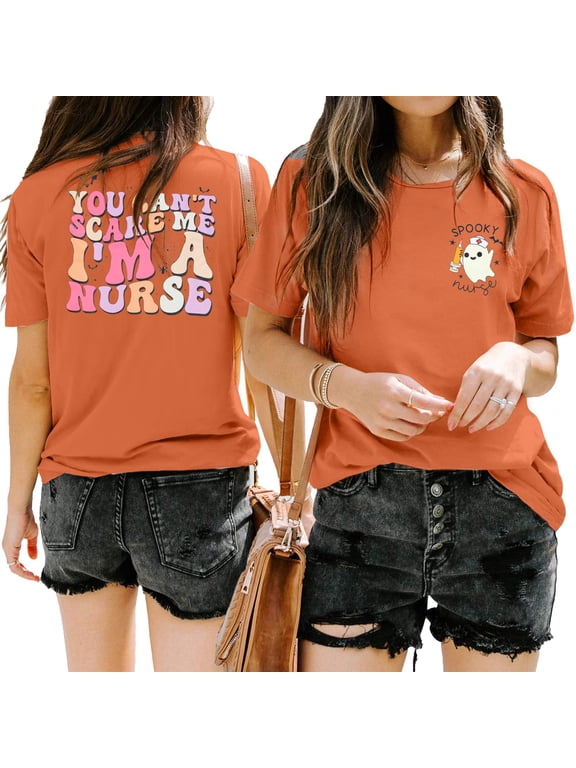 Women's Halloween Spooky T-Shirt Funny Ghost Graphic Tee Costume Party Top for Nurses Teachers Orange XL