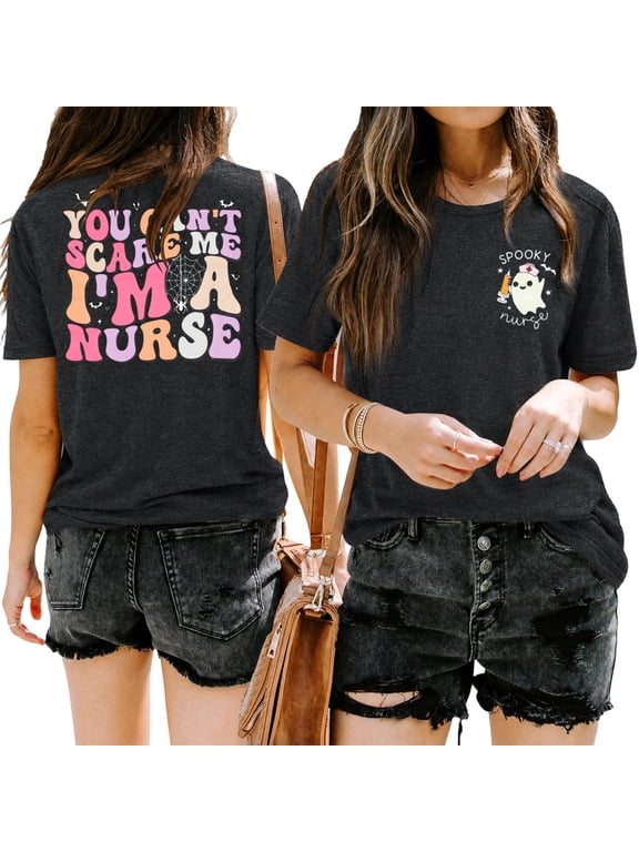Women's Halloween Nurse Shirt Funny Ghost Graphic Tee Cute Spooky T-Shirt Costume Party Top Black M