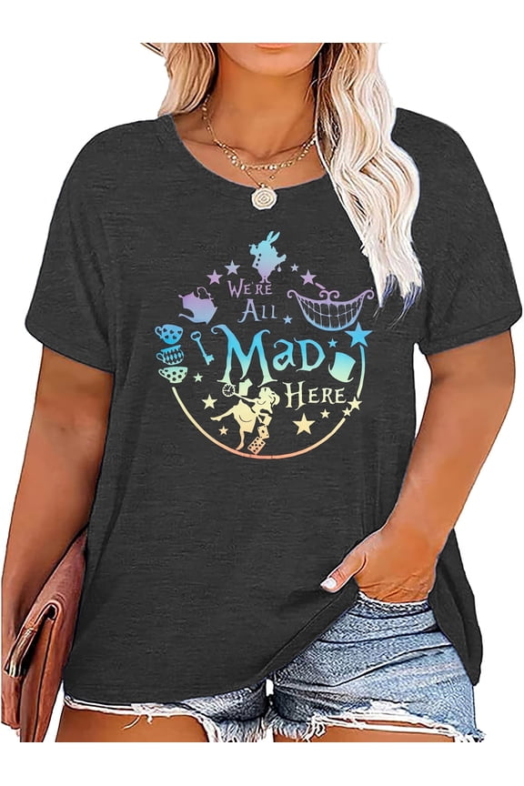 Women's Plus Size Tops Women's Cute Graphic Tees We're All Mad Here Printed Shirts Summer Vacation Shirts Vintage Magic Short Sleeve Top,3X