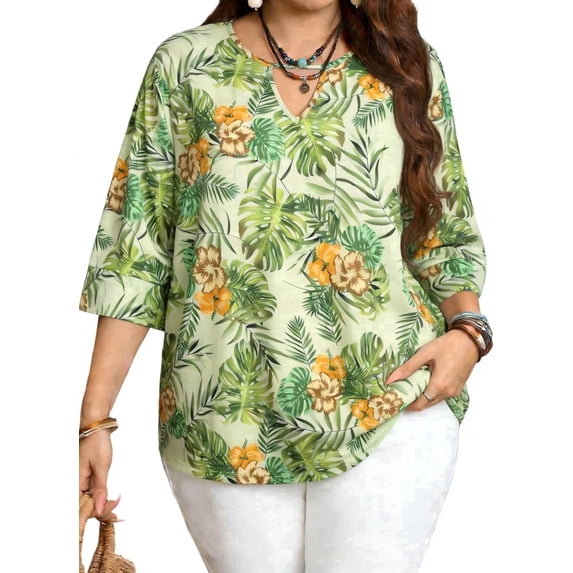 DEXIO Women's Plus Size Tops Tropical Floral Print V Neck 3/4 Sleeve Casual Loose Fit Tunic Shirts 2X