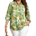thumbnail image 1 of DEXIO Womens Plus Size Tops 3/4 Sleeve V Neck Casual Dressy Shirt Loose Fit Tunic Trendy Keyhole Blouse Tropical Floral Print 3X, 1 of 10