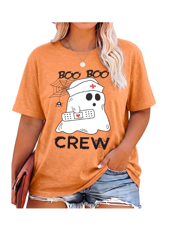 Womens Halloween Plus Size Shirts Cute Ghost Nurse Graphic Tees Short Sleeve T-Shirt Funny Fall Casual Tops,4X