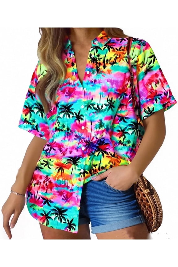 Hawaiian Shirts for Women Plus Size: Cool Summer Luau Shirt Hawaii Tropical V Neck Button up Tops,3X