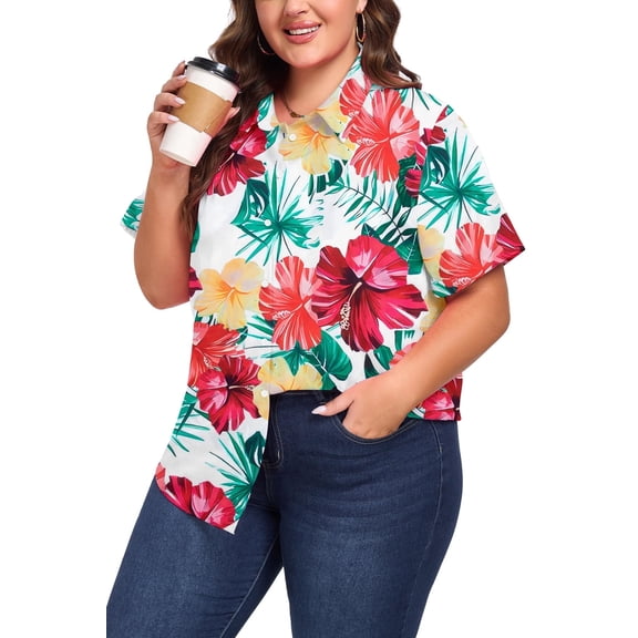 DEXIO Hawaiian Shirts for Women Plus Size: Cool Summer Luau Shirt Hawaii Tropical V Neck Button up Tops,2X