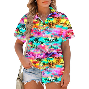 DEXIO Womens Plus Size Tops Women Hawaiian Shirt Soft Cool Summer Hawaii Tshirts Beach Tropic Print V Neck Button up Tops Floral Short Sleeve Tops