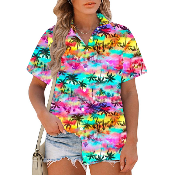 DEXIO Hawaiian Shirts for Women Plus Size: Cool Summer Luau Shirt Hawaii Tropical V Neck Button up Tops
