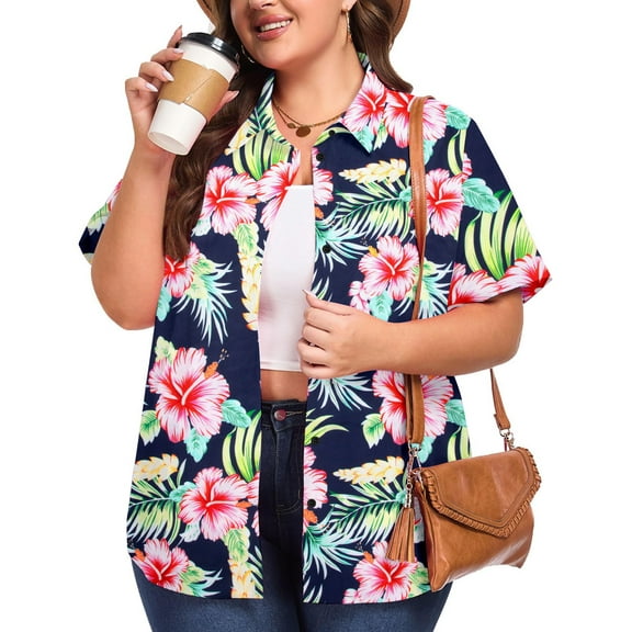 DEXIO Womens Plus Size Tops Women Hawaiian Shirt Soft Cool Summer Hawaii Tshirts Beach Tropic Print V Neck Button up Tops Floral Short Sleeve Tops