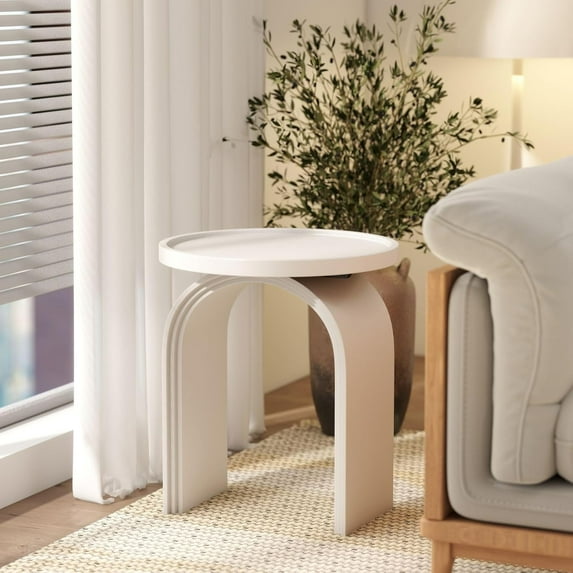 DEXS 17.75 Inch Round Side Table Modern Accent Table with Arched Wooden Legs, Small Sofa End Table and Nightstand for Living Room Bedroom.White