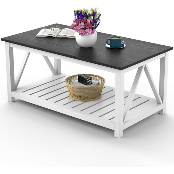DEXS 40" Farmhouse Coffee Table | Vintage Rustic Wooden Coffee Table with Lower Shelf for Living Room, Dorm, Office, Bedroom Center Table,Black