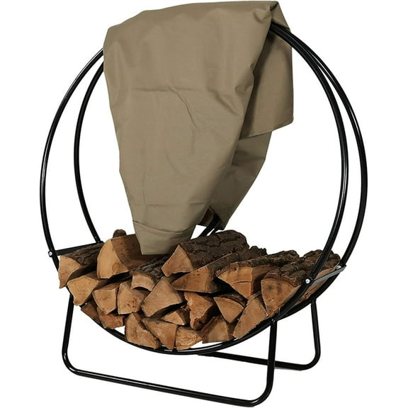 DEXS 40  Inch Firewood Rack Outdoor with Cover - Indoor Firewood Holder - Round Wood Rack - Log Holder Hoop and Cover Set -Khaki