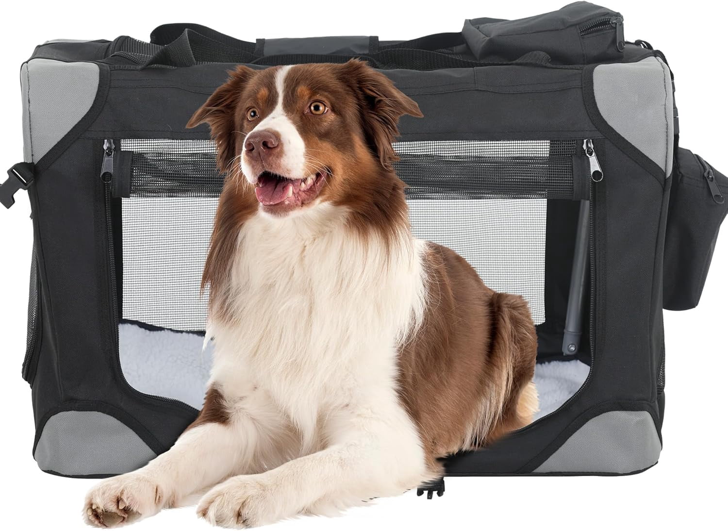 Image showcasing DEXS 42 inch Collapsible Dog Crate for Large Dogs, 3-Door Portable ...