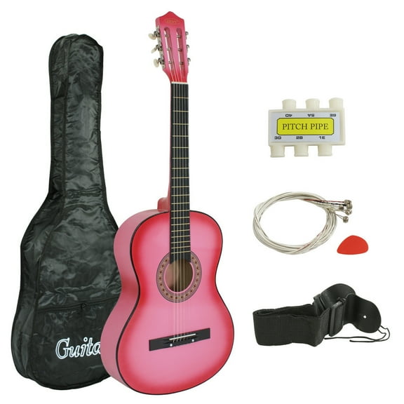 DEXS Beginners 38 inch Acoustic Guitar Package Kit for Right-handed Starters Kids Music Lovers w/Case, Strap, Pitch Pipe and Pick,Pink