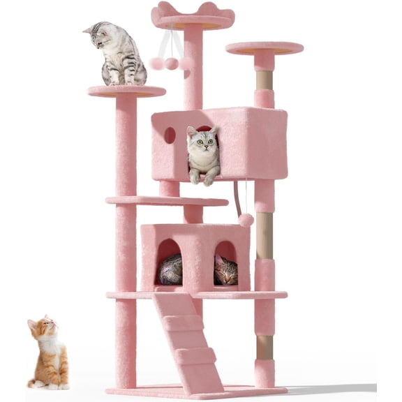 DEXS Cat tree Tower for Indoor Cats Large Adult,Cute/Tall Modern Cat Tree for Big Cats,Plush Multi-Level Cat Condo with Scratching Posts,Dangling Ball for fun play-Soft Pink-60 inch