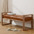 thumbnail image 1 of DEXS Entryway Bench with Hollow Arms Farmhouse Upholstered Wooden Bench Rustic End of Bed Bench for Bedroom Living Room and Entryway.Pu Brown, 1 of 18