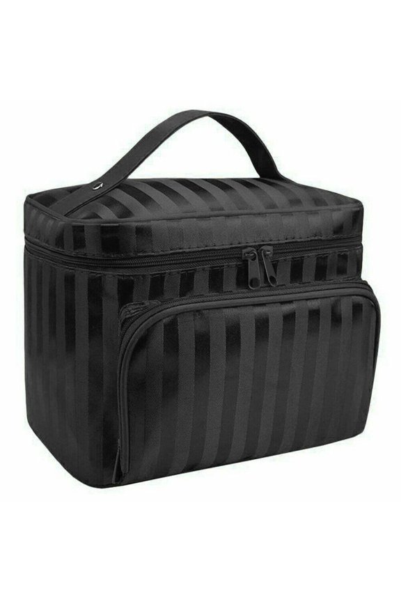 Extra Large Cosmetic Organizer – Makeup Bag with Reinforced Handle – Travel Kit with 3-Layer Compartments, Waterproof Lining & Zipper Closure black