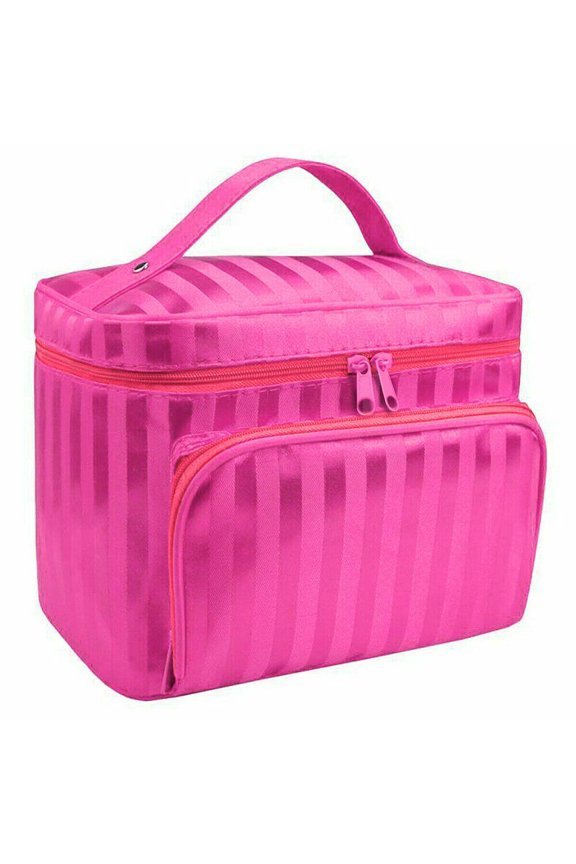Extra Large Cosmetic Organizer – Makeup Bag with Reinforced Handle – Travel Kit with 3-Layer Compartments, Waterproof Lining & Zipper Closure rose red