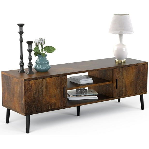DEXS Mid-Century Modern 55" TV Stand with 2 Side Doors Entertainment Center Console for Living Room Bedroom Office- Supports up to 65 Inch TV & 150 lbs Large Cabinet with Shelves ,Rustic Brown