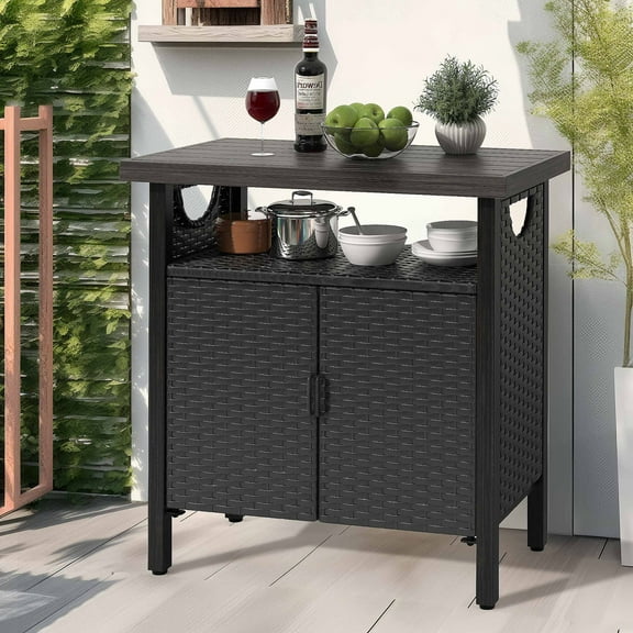 DEXS Outdoor Storage Cabinet, Patio Bar Table, Wicker Storage Bar Cart for Outdoor Pool Tool and Garden Potting,Black