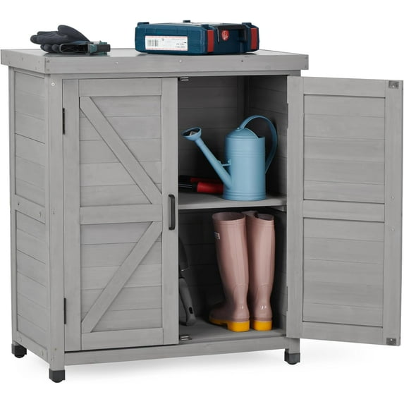 DEXS Potting Bench with Storage Cabinet and Metal Top, Wood Workstation for Outdoor Patio, Garden (31x17x36‘’)Coffee Brown