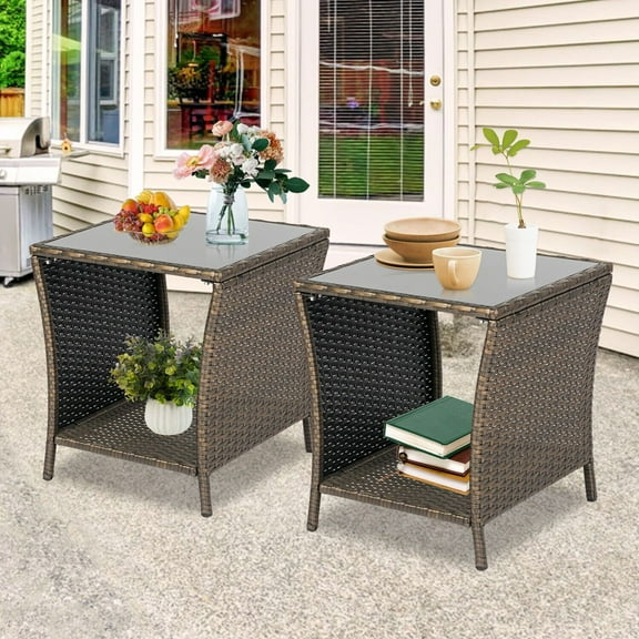 DEXS Set of 2 Outdoor Rattan Patio Side Tables with Glass Tops, Elegant and Durable End Tables for Patio and Garden, Weather - Resistant Rattan Construction, Spacious Glass - Topped Surfaces