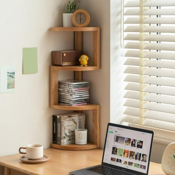DEXS Solid Oak Corner Table 4-Tier Modern Corner Shelf 26.8 Inch Tall, Open Wall Bookshelf for Small Spaces in Bedroom Bathroom Kitchen Office.