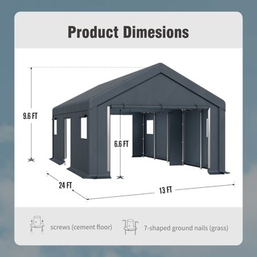 PHI VILLA 13x24 Ft Heavy Duty Carport - Outdoor Storage Shelter, Gray Steel Frame, Polyethylene Roof