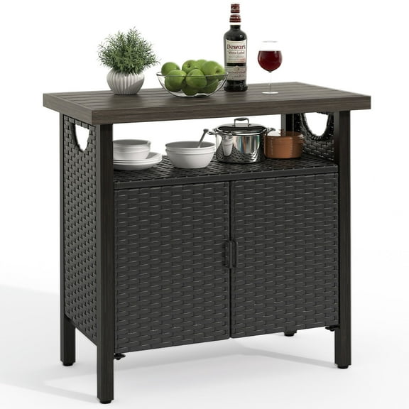 DEXS Storage Cabinet, Patio Wicker Bar Counter Table with 2 Doors, Ideal for Backyard Patio, Stylish Wicker Exterior, Ample Storage Space Inside, Perfect for Entertaining Black