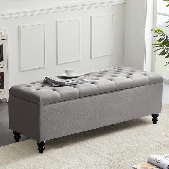 DEXS Storage Ottoman 50.2 Inch Upholstered Fabric Bench with Button Tufted Top, High Weight Capacity End of Bed Bench for Living Room and Bedroom Supports 304 lbs.Grey