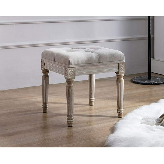 DEXS Tufted Entryway Bench Upholstered Rustic Ottoman with Nailhead Trim and Sturdy Wood Legs for Living Room Bedroom.1 Seat Beige