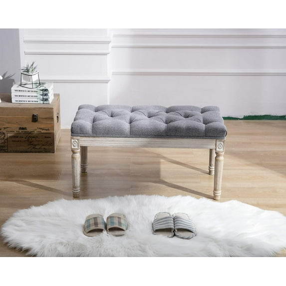 DEXS Tufted Entryway Bench Upholstered Rustic Ottoman with Nailhead Trim and Sturdy Wood Legs for Living Room Bedroom.2 Seat Grey