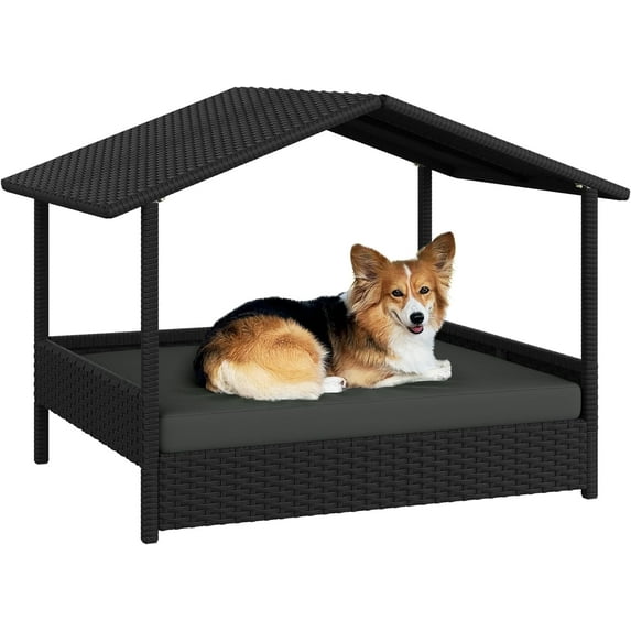 DEXS Wicker Dog House Outdoor Indoor with Canopy, Elevated Dog Shelter Dog Bed with Cushion for Small/Medium Dogs, Shade for Deck, Patio, Yard, Pool -Black House, Khaki Cushion
