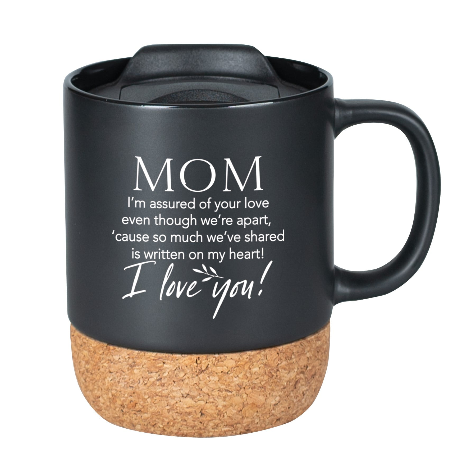 Black Ceramic Mom Mug with Cork Bottom and Lid, 14 oz