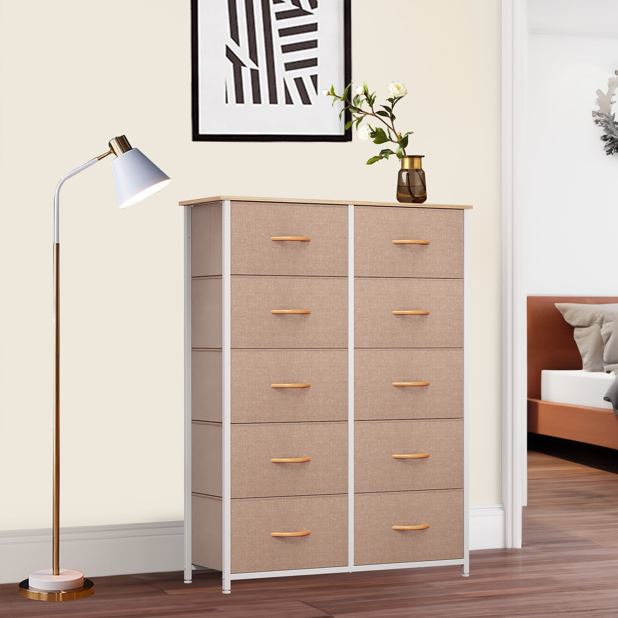 beige fabric dresser Thea White Finish Beige Linen Drawer Face Dresser by iNSPIRE Q Classic