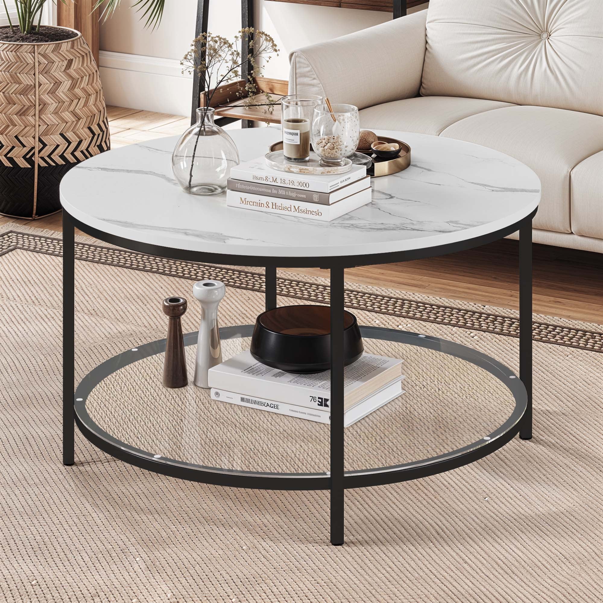 DEXTRUS Modern 2-Tier Round Coffee Table for Living Room