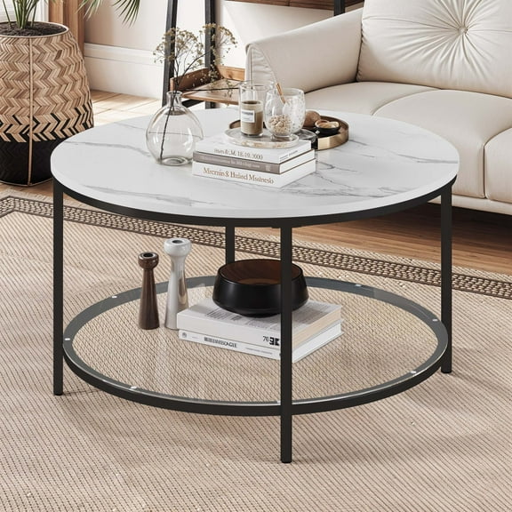 DEXTRUS 2-Tier Round Coffee Table Marble Center Cocktail Table with Glass Open Storage Shelf, White & Black