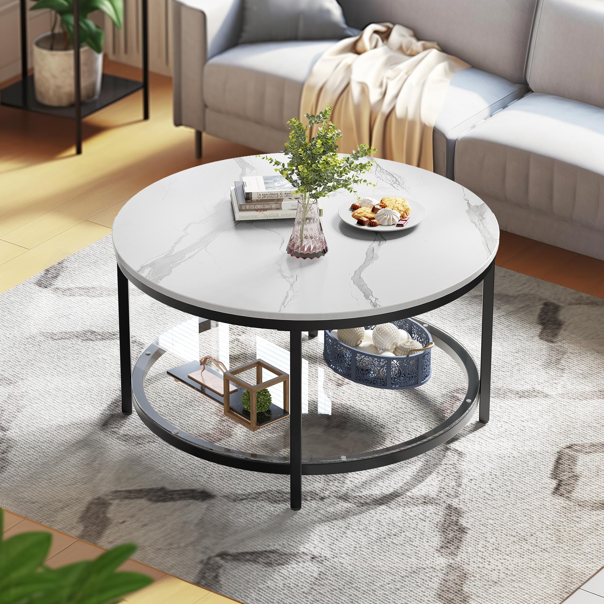 DEXTRUS 2 Tier Round Coffee Table Marble Center Cocktail Table with Glass Open Storage Shelf White Black