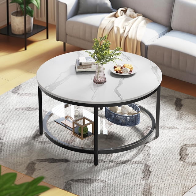 DEXTRUS Modern 2-Tier Round Coffee Table for Living Room with Marble ...