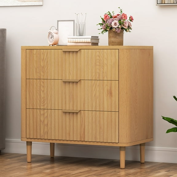 DEXTRUS 3-Drawer Fluted Dresser with Anti-Tip Device, Wood Chest of Drawers, Natural