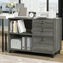 DEXTRUS 3-Drawer Wood File Cabinet with Lock, Mobile Lateral Filing Cabinet Rolling Printer Stand for Office, Grey