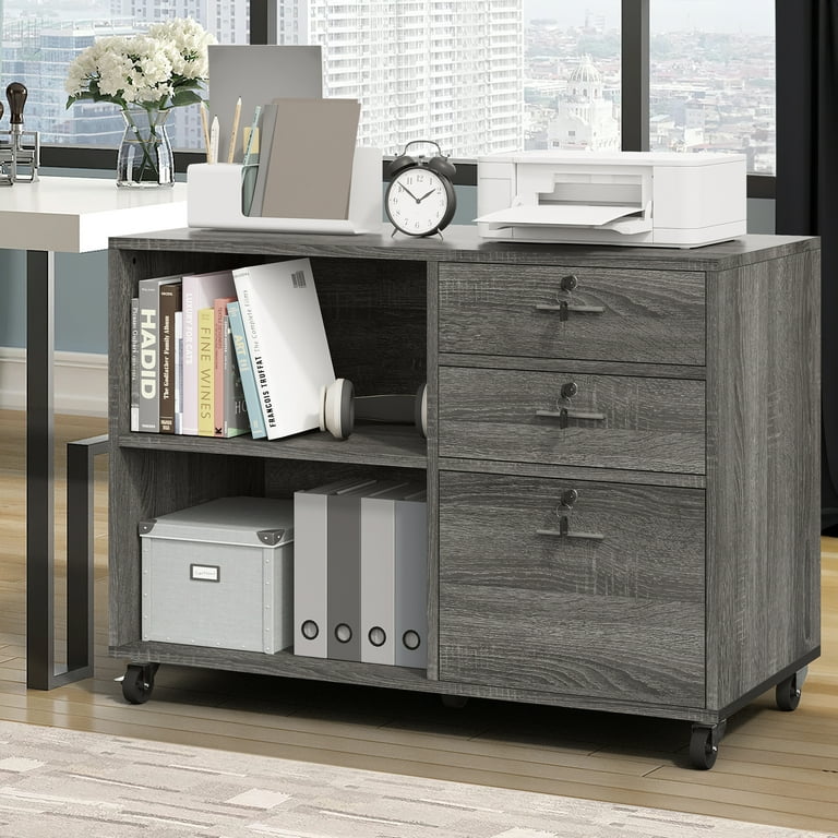 Dextrus 3-Drawer Wood File Cabinet with Lock, Mobile Lateral Filing Cabinet Rolling Printer Stand for Office, Grey, Gray