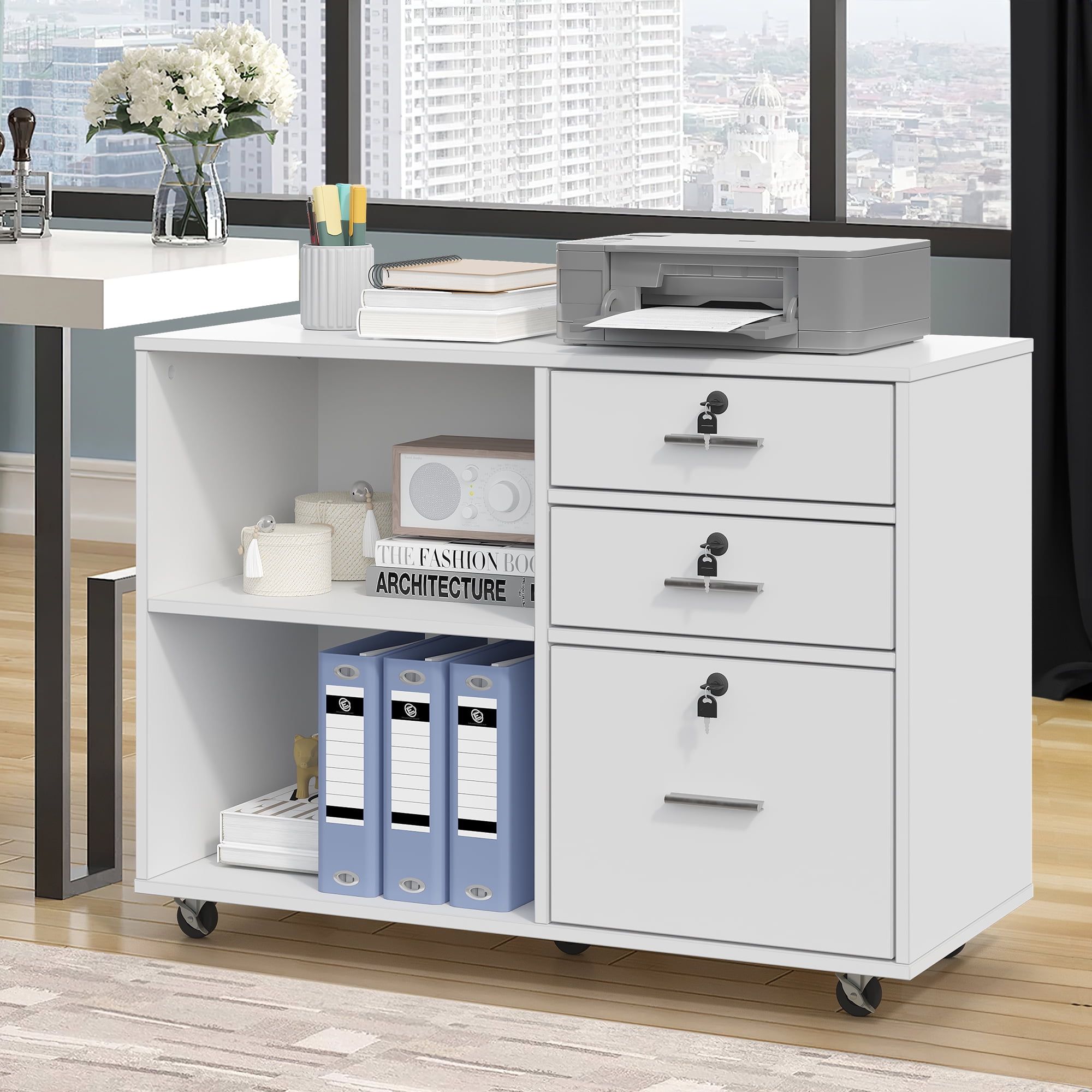 Richya Wood File Cabinet , Printer Stand with Open Storage Shelf, 3-Drawer  File Cabinet, Home Office White