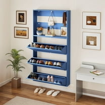 DEXTRUS 3 Flip Drawers Shoe Storage Cabinet with Coat Rack, Metal Wall-Mount Shoe Organizer, Blue